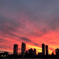 A pink sunset behind the city skyline